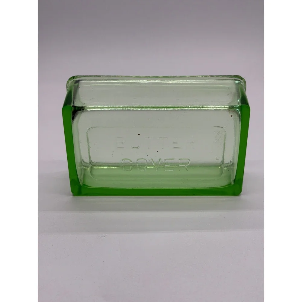 Vintage Green Uranium Glass Butter Cover Refrigerator Dish Lid UV Glow 5.25in